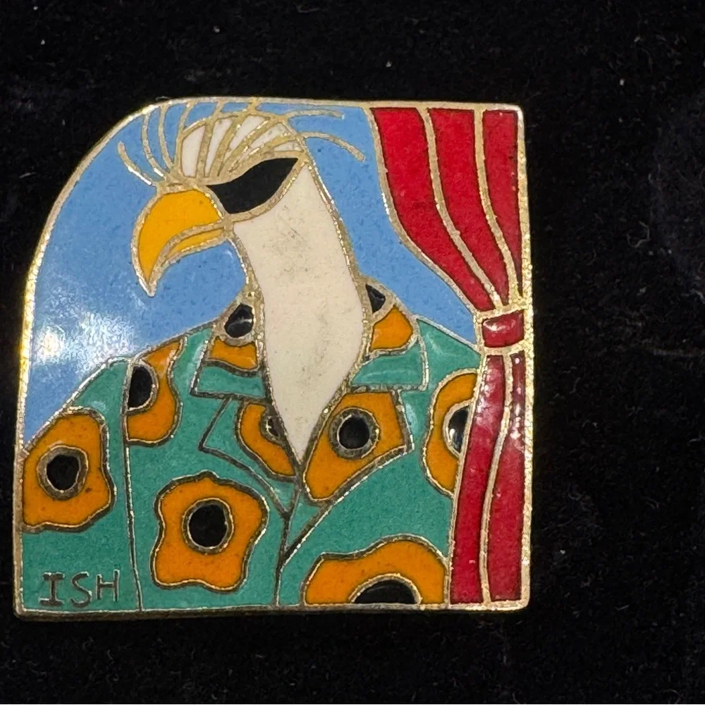 Vintage Colorful Bird Enamel Pin Signed Ish Brooch Hat Pinback Squared